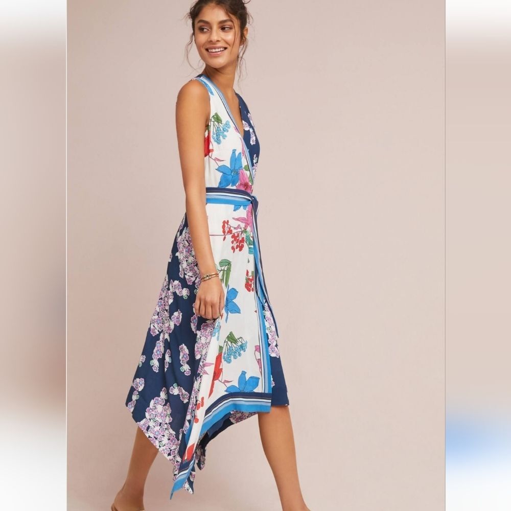 Maeve Floral Mixed-Print Handkerchief Hem Dress in Navy, White, Blue